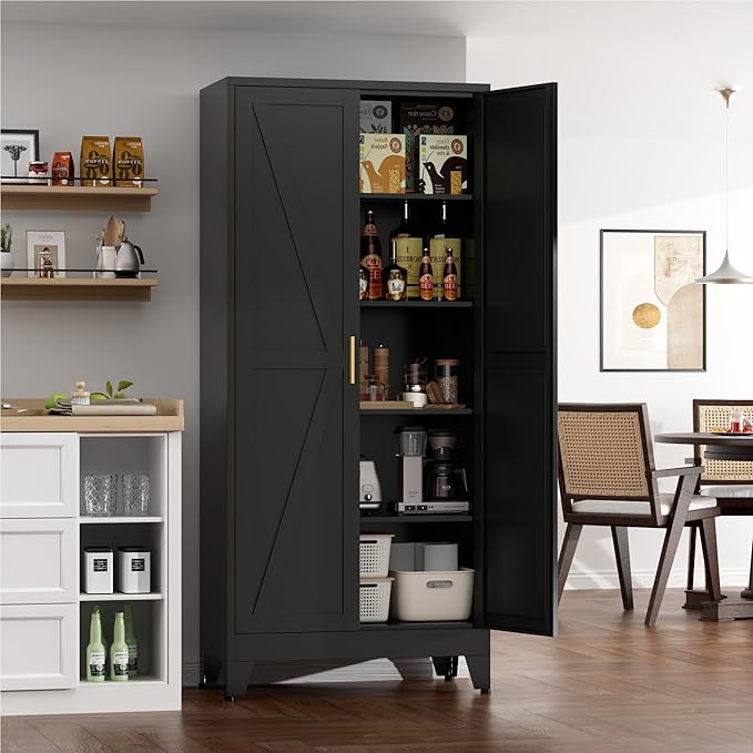 71" Metal Storage Cabinet - 5-Tier Heavy-Duty Pantry Cabinet with Adjustable Shelves & Barn Doors for Kitchen Garage, Black