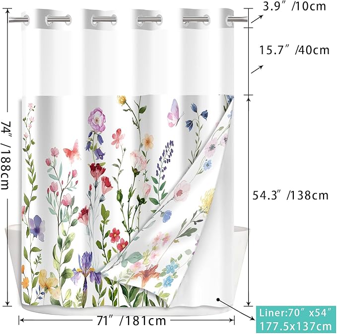 No Hook Shower Curtain Set with Snap in Fabric Liner for Bathroom,with See Through Top Window,Double Shower Curtain with Detachable Liner Replacement,Machine Washable,Garden,71"x 74"
