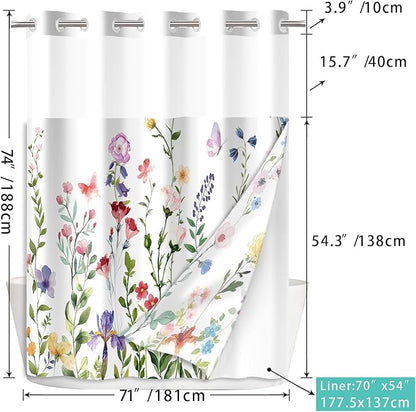 No Hook Shower Curtain Set with Snap in Fabric Liner for Bathroom,with See Through Top Window,Double Shower Curtain with Detachable Liner Replacement,Machine Washable,Garden,71"x 74"