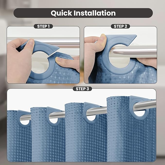 Inhousolu No Hook Waffle Weave Shower Curtain with Removable Snap in Fabric Liner Set for Bathroom, 230GSM Heavy Duty Weighted Hem, Water Repellent Washable Bath Curtains, 72 x 84 Inch, Moonlight Blue
