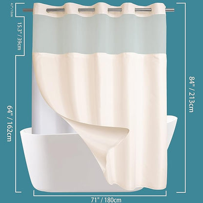 Conbo Mio Extra Long No Hook Shower Curtain with Snap in Liner Set, Hotel Luxury Beige Fabric Shower Curtains for Bathroom with See Through Top Window, Washable, Waterproof 71W x 84H