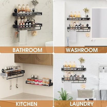 Shower Caddy Suction Cup, 11.8 inch Suction Shower Shelf with Hooks NO-Drilling Bathroom Holder, Rustproof Bathroom Organizer, Black