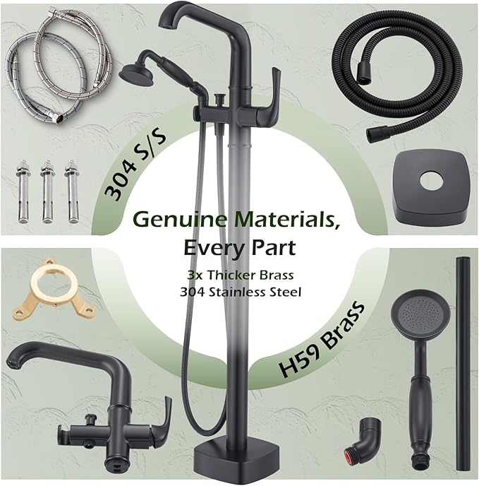 Luxury Free Standing Tub Faucet, Classic Brass Freestanding Bathtub Faucet, Lexdale Bathroom Floor Mount Tub Filler with handheld Sprayer Supply Lines Included Matte Black (LD8911-BK)