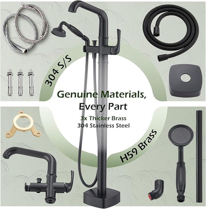 Luxury Free Standing Tub Faucet, Classic Brass Freestanding Bathtub Faucet, Lexdale Bathroom Floor Mount Tub Filler with handheld Sprayer Supply Lines Included Matte Black (LD8911-BK)