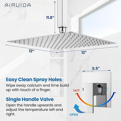 Airuida Shower Faucet Set and Handle Set Single Function Shower Trim Kit Ceiling Mount Rainfall Shower System with Male Threads and Rough-in Valve 12 Inch Square Shower Head Chrome Polish