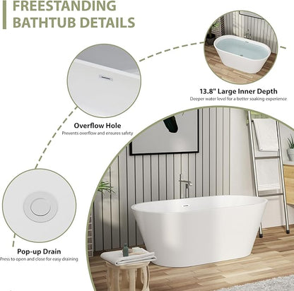 Mocoloo 59 Inch Freestanding Bathtub - Acrylic Soaking White Tub for Bathroom Stand Alone Ergonomic Modern Bathtub with Overflow and Stianless Offset Drain