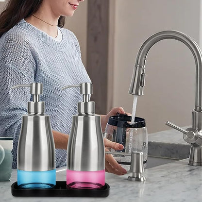 Gaussra Kitchen Soap Dispenser Set with Silicone Tray and Stickers - Brushed Nickel, Stainless Steel Glass Soap Dispenser Bathroom, Refillable Hand Dish Dispenser for Kitchen Sink