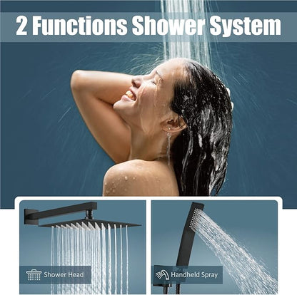 Aolemi Shower Faucet Set Rain Shower System with Handheld Spray Bathroom Shower Combo Rough-in Valve and Shower Trim Kit Included Matte Black 12 Inch Wall Mount Shower Head