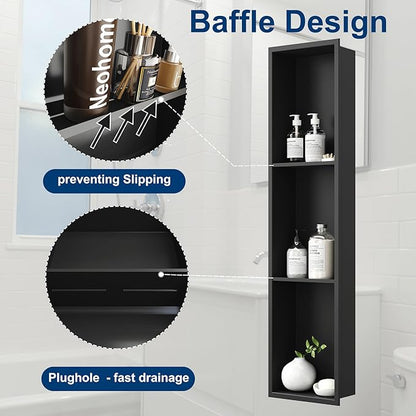 Neodrain 8X36 Inch Matte Black Three Layers Shower Niche, Stainless Steel NO Tile Needed Recessed Shelf for Bathroom Storage, 3-Tier Recessed Built-in Wall Niche