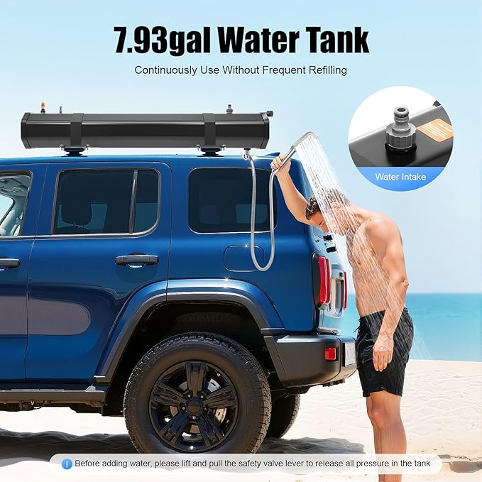 Portable Water Tank for Camping, 7.93 Gallon Roof Rack Mount Road Shower Water Tank w/Storage Bag and 5.58ft Hose, Outdoor Activities Water Supply for SUVs Sedans RVs Trucks