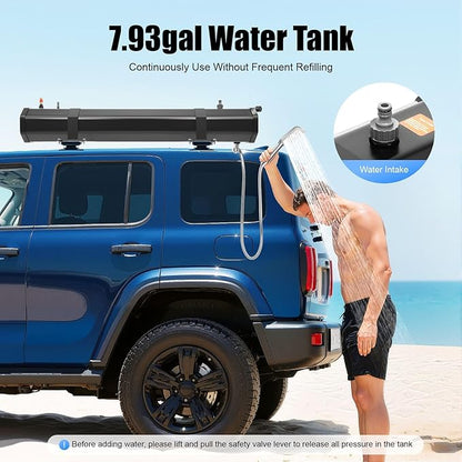 Portable Water Tank for Camping, 7.93 Gallon Roof Rack Mount Road Shower Water Tank w/Storage Bag and 5.58ft Hose, Outdoor Activities Water Supply for SUVs Sedans RVs Trucks