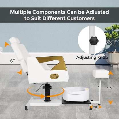 Pedicure Chair, Pedicure Station No Plumbing Adjustable Height Reclining Pedicure Chair with Footrest Massage Basin & Stool 360 Degree Swivel Foot Spa Chair Adjustable Backrest Spa Chair White