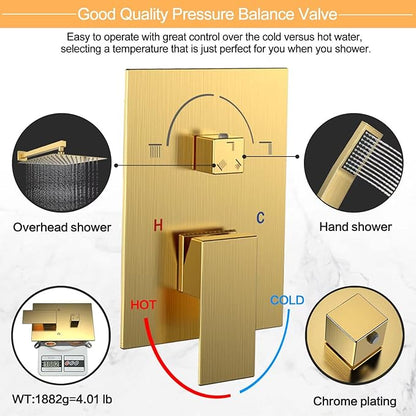 Rain Shower System 10 Inches Shower Head with Handheld Combo Set for Bathroom,High Pressure Rainfall Shower Faucet Set Wall Mounted,Rough-in Valve and Trim Kit(Brushed Gold)
