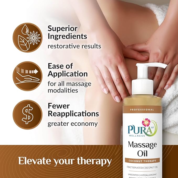 Coconut Therapy Massage Oil, Coconut Massage, Physical Therapy Coconut Oil, Professional Deep Tissue Therapy, Pura Wellness Massage Oil, Unscented Oil for Physical Therapy and Recovery, 8oz