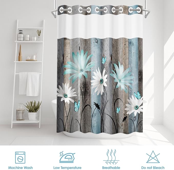 No Hook Rustic Farmhouse Shower Curtain with Snap in Fabric Liner Set, Teal Daisy Flowers and Butterfly on Wooden Double Layers Waterproof with See Through Top Bath Curtain 71x86 Inch