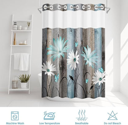 No Hook Rustic Farmhouse Shower Curtain with Snap in Fabric Liner Set, Teal Daisy Flowers and Butterfly on Wooden Double Layers Waterproof with See Through Top Bath Curtain 71x86 Inch