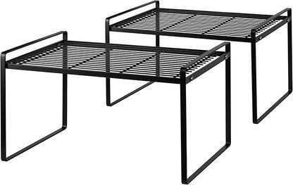 2Pack Kitchen Cabinet Shelf Counter Organizer Rack Pantry Storage Bathroom Bedroom Office Table Desk Space Saving Stackable Rust Resistant Non Slip Black Tall Wide L16.1in W10.6in H9.5in