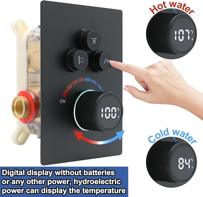 Solid Brass Shower Mixer Valve, Concealed 3 Way Outlet LED Digital Display Diverter Valve, Can Use All Options at A Time Black
