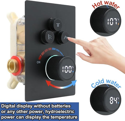 Solid Brass Shower Mixer Valve, Concealed 3 Way Outlet LED Digital Display Diverter Valve, Can Use All Options at A Time Black