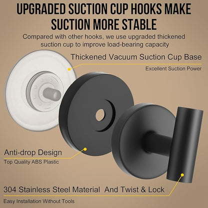 Suction Cup Hook for Shower, 16 Pack Wall Mount Towel Holder, Removable Towel Hook - Stainless Steel No Drill Hook for Bathroom Window Glass Door Wall Home Kitchen Matte Black