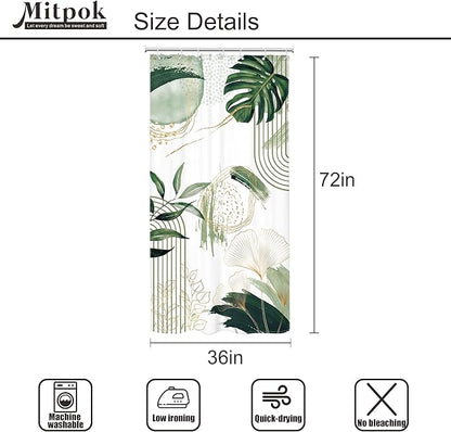 Small Stall Boho Shower Curtain 36Wx72H RV Sage Green Modern Mid Century Bohemian Abstract Palm Leaves Tropical Bathroom Decor Half Narrow Standing Bath Curtain Fabric Polyester 7 Pack Hooks