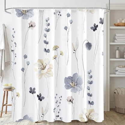 Gibelle Watercolor Floral Shower Curtain, Grey Beige Flower Shower Curtain for Bathroom, Modern Minimalist White Waterproof Fabric 72x72 Inch