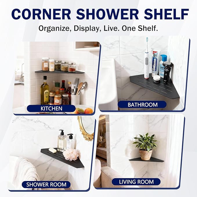 Corner Shower Shelf, 10" Brushed 304 Stainless Steel Slot Design Recessed Shower Shelves Corner Shelves Bathroom Grout in Shelf for Tiled Wall Black