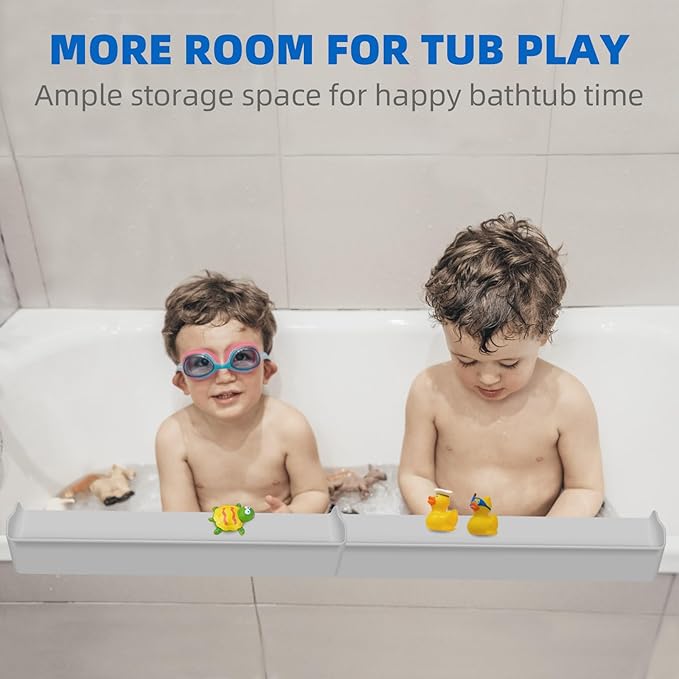Splash Guard for Bathtub, 3.8" x 3.6" Silicone Bath Tub Splash Guard with 6 Suction Cups, Bathtub SplashGuard Play Shelf Area for Kids with 3°Drainage Slope for Faster Drying - 2 Packs Grey