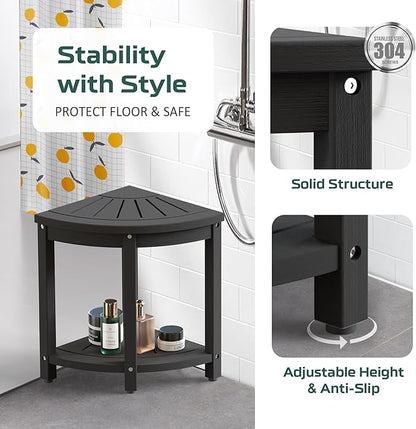 Waterproof Corner Shower Stool for Inside Shower, Poly Lumber Shower Bench Seat Chair, Bath Shower Stool for Shaving Legs Foot Rest with Storage Shelf, Adjustable & Non-Slip Feet, Black