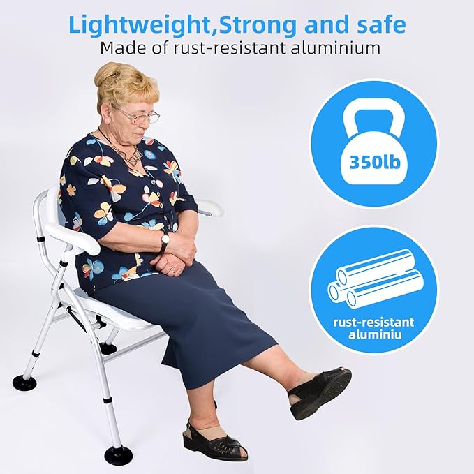 Shower Chair for Inside Shower,Foldable Shower Chair for Elderly and Disabled, Adjustable Height Chairs with Padded Arms and Back for Bathroom,Compact and Comfortable ,Extra Wide U-Shape