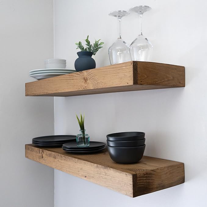 Urbandi Modern Floating Shelves 3 Inches Thick for Wall, Wide Shelves for Kitchen, Living Room, Bedroom, and Bathroom, Natural Pine Wood, Rustic Wooden Shelf, (Set of 2) (Aged Oak, 60Lx3Hx6D)