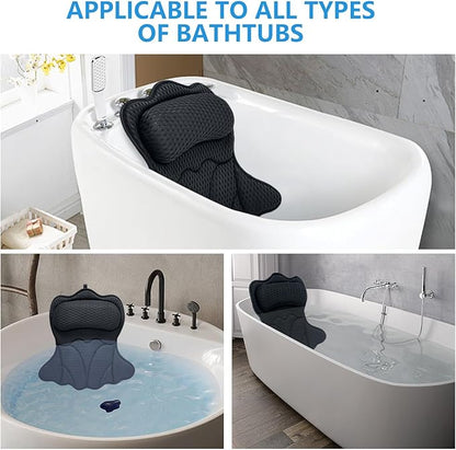 REEZEIVI Bath Pillows for Tub,Bath Pillow with 6 Non-Slip Suction Cups,Soft 4D Mesh Fabric,Bathtub Pillows for Tub Neck and Back Support,Extra Thick Luxury Bathtub Pillows,Black