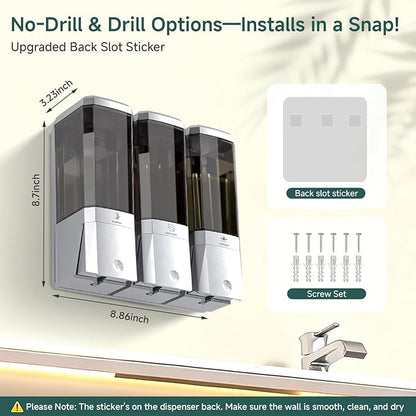 Shampoo and Conditioner Dispenser Wall Mounted No Drill, Shower Soap Dispenser 3 Chamber Shampoo Conditioner Body Wash Refillable 3 * 17oz Shower Soap Dispenser for Bathroom Hotel, Silver+Smoke Gray