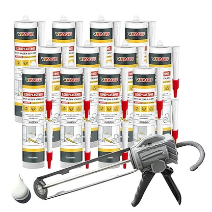 VGS 798 Professional Silicone Sealant Caulk 10.15 Oz Cartridge, 12 Pack - for Kitchen & Bathroom, White, 100% Waterproof Silicone Sealant,Shrink & Crack Proof