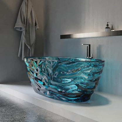 Cpingao 66" Resin Transparent Freestanding Bathtub, Contemporary Oval Stand Alone Tubs, Translucent Resin Freestanding Bath 1670 MM with Drain Lake Blue 8851-1700-BLUE