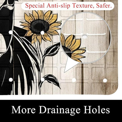 Bath Tub and Shower Mats, Non Slip Bathmat with Drain Holes and Suction Cups for Bathroom Floor, 15.1 x 26.8 Inch (Farm Animal Cow with Sunflowers on Wooden Background)