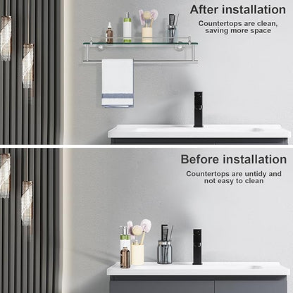 20-Inch Tempered Glass Bathroom Shelf with Towel Bar - Brushed Nickel & Stainless Steel, Wall Mount Rustproof Tower Holder with Shelves