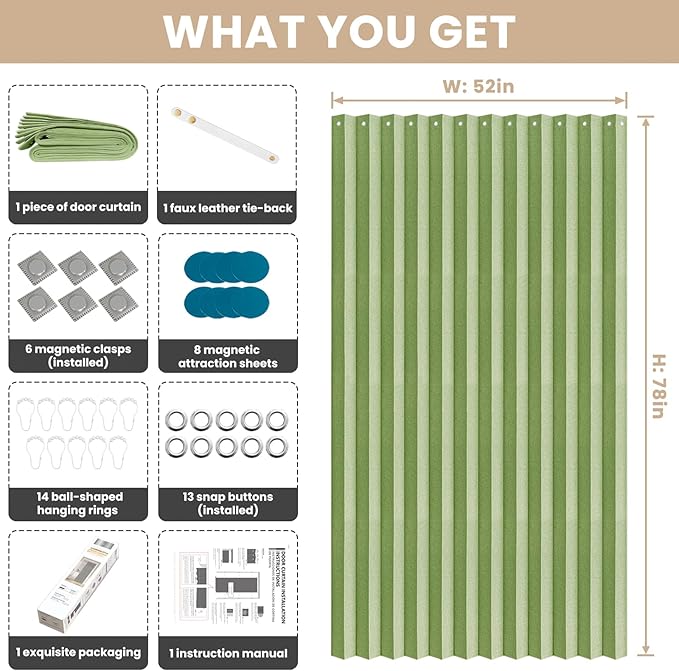 Accordian Door Curtain, 100% Blackout Folding Magnetic Doorway Curtains,Linen Style Closet Doors,for Room Divider,Privacy Protection（W52 x L78,Green,1 Panel）