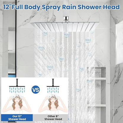 Airuida Shower Faucet Set and Handle Set Single Function Shower Trim Kit Ceiling Mount Rainfall Shower System with Male Threads and Rough-in Valve 12 Inch Square Shower Head Chrome Polish