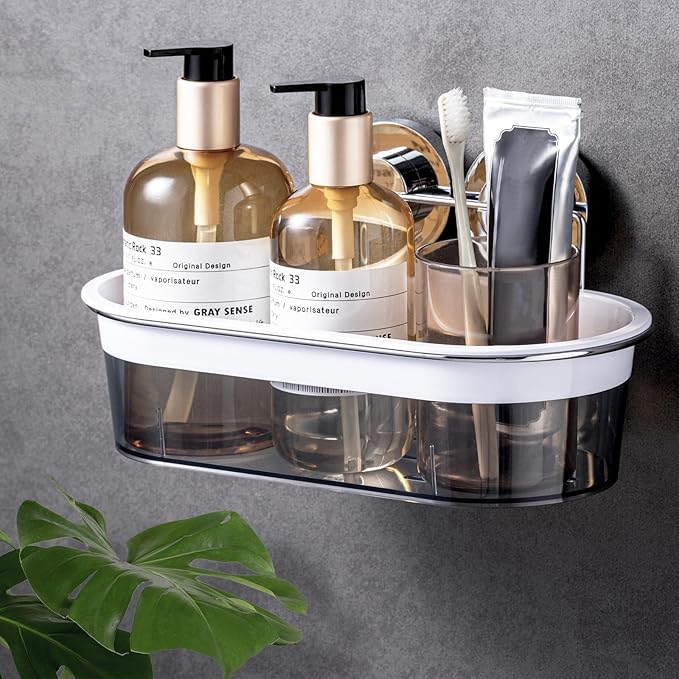 LEVERLOC Shower Caddy Suction Cup, Shower Organizer Removable Bathroom Shelf, Storage Suction Powerful Max Hold 22lbs Bathroom Caddy Waterproof Holder, Chrome & Clear