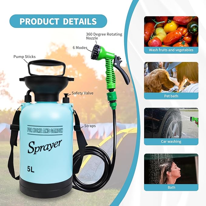 Portable Shower Blue 5L with 7 Spray Modes, Hand Press with Removable Hose and Shower Head