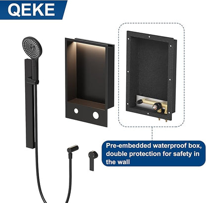 Shower Niche with Round Hand Shower,Sliding Bar and LED Light in Matte Black/Vertical