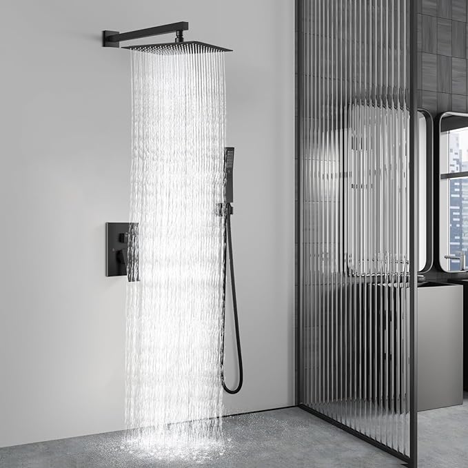 Aolemi Shower Faucet Set Rain Shower System with Handheld Spray Bathroom Shower Combo Rough-in Valve and Shower Trim Kit Included Matte Black 16 Inch Wall Mount Shower Head