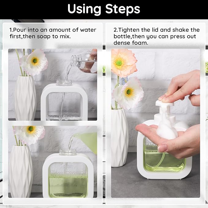 Segbeauty 10.1oz Foam Dish Soap Dispenser for Kitchen Sink, 300ml Square Foaming Pump Bottles for Bathroom Shower Shampoo, 2pcs White Empty Plastic Foam Hand Wash Dispenser Bottles with Label Stickers