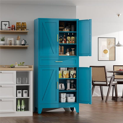 71" Tall Farmhouse Pantry Cabinet,Metal Cabinets with Doors and Shelves,Storage Cabinet for Kitchen Dining Room Garage,Blue Green