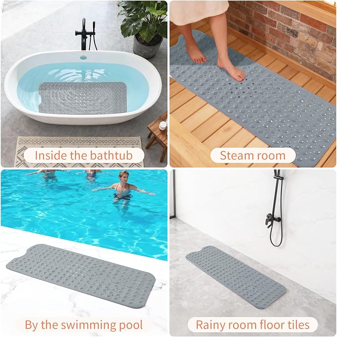 Anti-Slip Bathtub Shower mat, 39.3×15.7 inch（Approximately 100 × 40cm） Soft Oversized Machine Washable Non-Slip Bathtub mat with Drainage Holes, Bathroom Floor Suction Cup.（1-Opaque Gray）