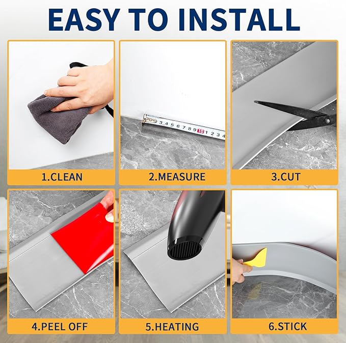 Flexible Baseboard Molding Trim 6 Inch Self-Adhesive Vinyl Wall Base Peel and Stick Cove Base Rubber Wall Baseboard Moulding Trim (60Ft, Gray)