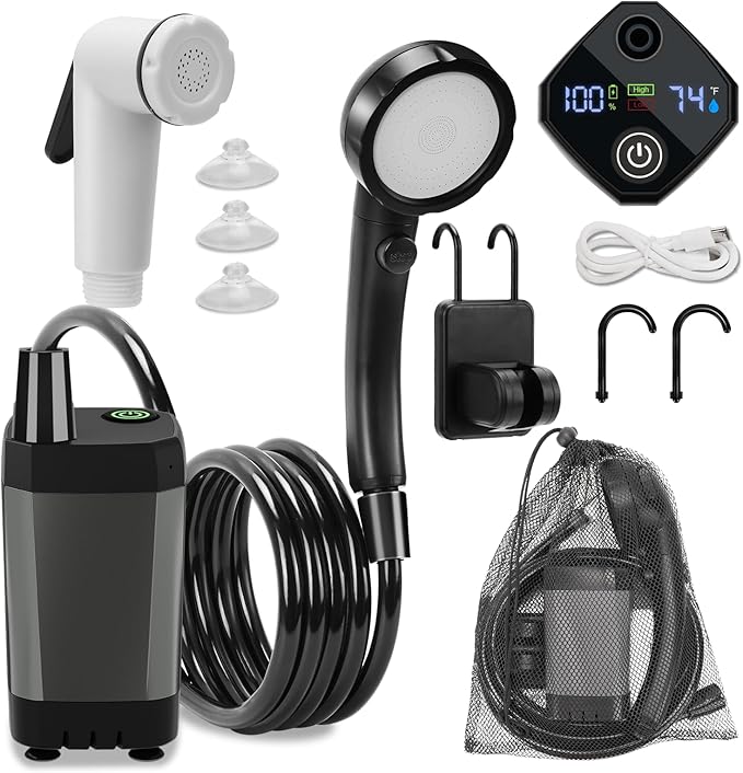 Portable Shower for Camping, Rechargeable Camping Shower Pump with LED Display & IPX8 Waterproof - High Pressure Electric Outdoor Shower for Hiking, Car Wash, Pet Bath, RV, Boat