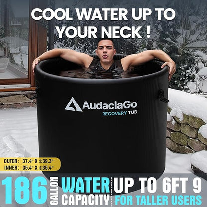 XXL Ice Bath Tub for Athletes, Compatible with Water Chillers, 186-Gallon Inflatable Cold Plunge Tub with Insulated Lid, Step, Thermometer, Water-Absorbent Mat, Portable for Outdoor & Indoor Recovery