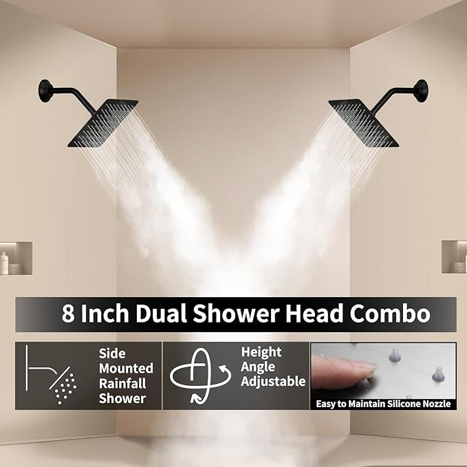 Shower Faucet Set Matte Black Shower System with 12 inch Ceiling Mounted Shower Head and Dual 8 inch Wall Mounted Shower Head, Digital Display Shower Fixtures with Handheld Spray